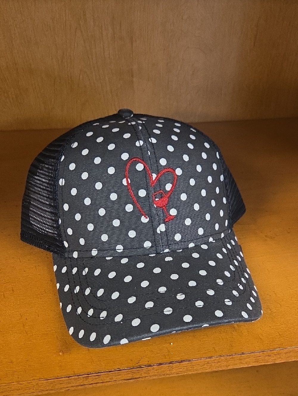 Black Polka Dot Trucker Hat with Red Wine Heart Accent